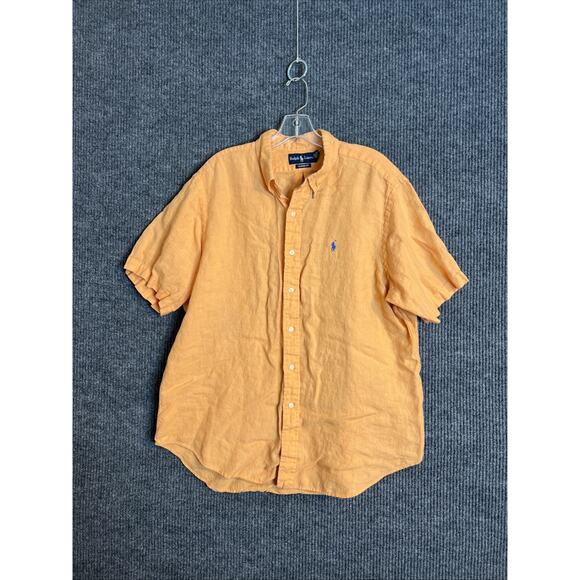 Ralph Lauren Mens Button Up Shirt Size XL Orange Linen Short Sleeve Pony Classic - Picture 1 of 9